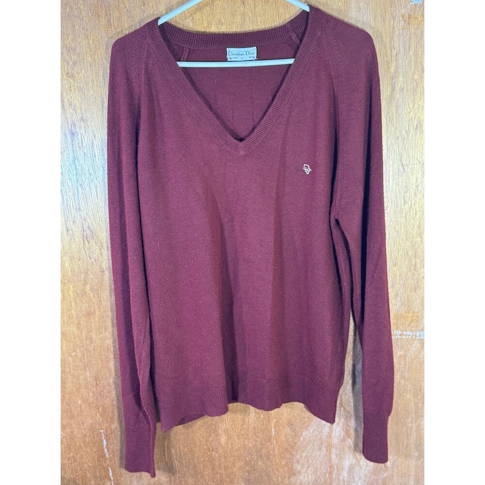 Vintage Christian Dior Mens Medium M Wool Sweater V-Neck Pullover Burgundy USA